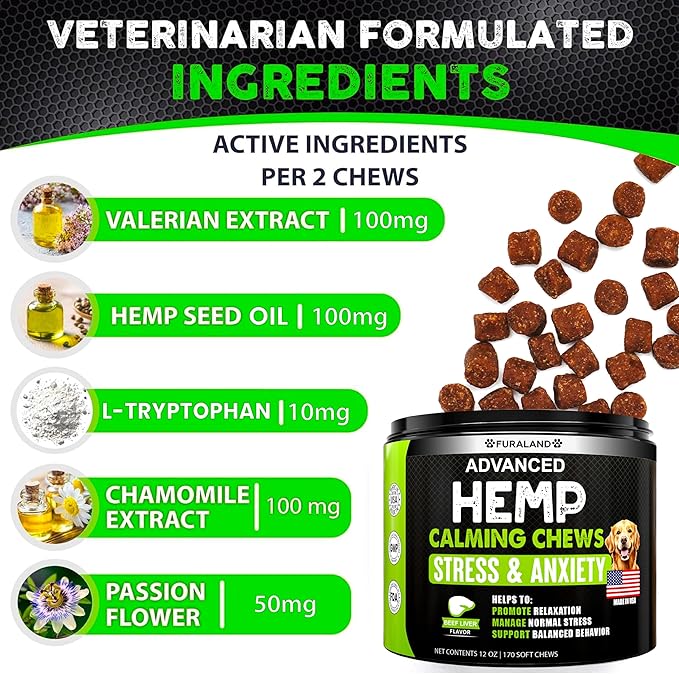 Hemp Calming Chews for Dogs Anxiety - 170 Dog Calming Chews - Anxiety Relief Treats - Dog Calming Treats - Hemp Oil - Sleep Calming Aid - Advanced Calming Health Joint Support Supplement - Made in USA