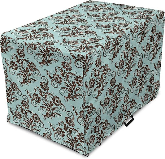 Ambesonne Art Nouveau Dog Crate Cover, Vintage Swirls Vibrant Foliage Damask Style Classic Renaissance, Easy to Use Pet Kennel Cover for Medium Large Dogs, 42 Inch, Seal Brown and Pale Blue
