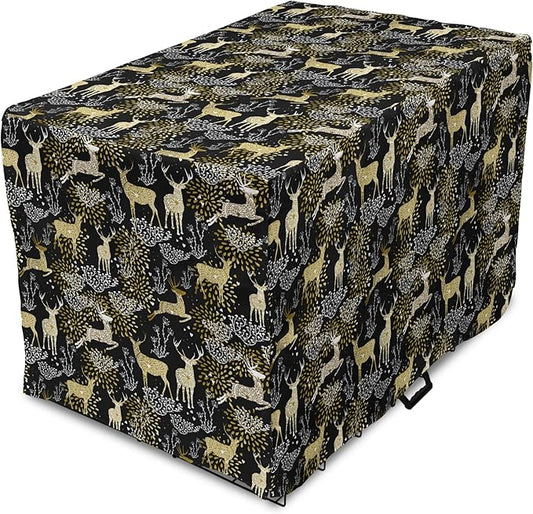 Ambesonne Christmas Dog Crate Cover, Nature Woodland and Deer Silhouettes with Oriental Ornaments Design, Easy to Use Pet Kennel Cover for Small Dogs Puppies Kittens, 18 Inch, Yellow White Black