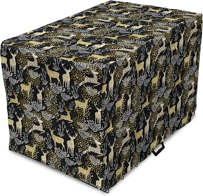 Ambesonne Christmas Dog Crate Cover, Nature Woodland and Deer Silhouettes with Oriental Ornaments Design, Easy to Use Pet Kennel Cover for Medium Large Dogs, 36 Inch, Yellow White Black