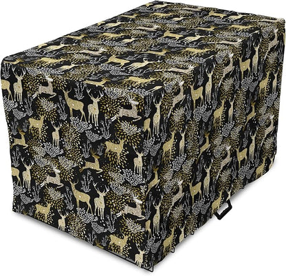 Ambesonne Christmas Dog Crate Cover, Nature Woodland and Deer Silhouettes with Oriental Ornaments Design, Easy to Use Pet Kennel Cover for Medium Large Dogs, 36 Inch, Yellow White Black