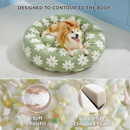 Lesure Donut Large Dog Bed - Round Cat Beds for Indoor Cats Anti-Anxiety Calming Pet Beds, Washable Cute Modern Beds with Teddy Sherpa Plush & Anti Slip Bottom Green