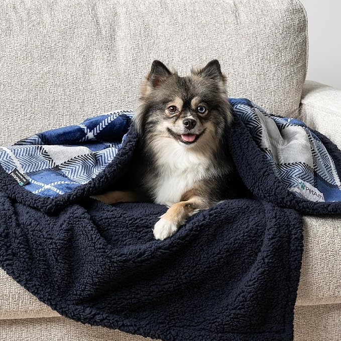 PetAmi Waterproof Dog Blanket for Small Medium Dog, Pet Puppy Blanket Couch Cover Protection, Sherpa Fleece Cat Blanket Couch Sofa Bed Furniture Protector Reversible Soft Washable 29x40 Plaid Navy