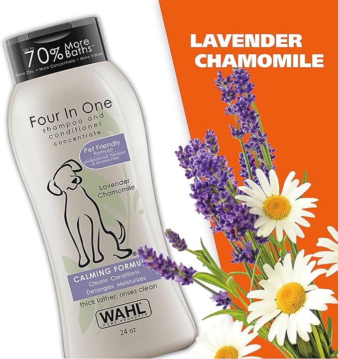 Wahl USA 4-in-1 Calming Pet Shampoo for Dogs  Cleans, Conditions, Detangles, & Moisturizes with Lavender Chamomile - Pet Friendly Formula - 24 Oz - Model 820000A