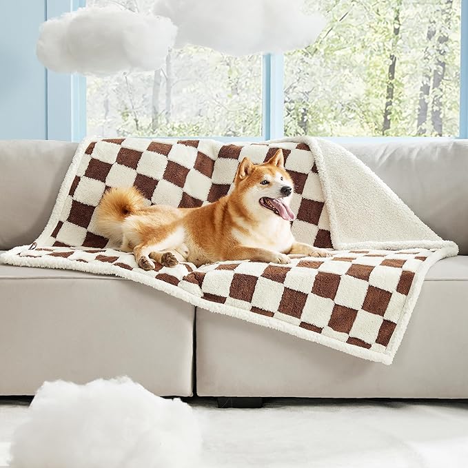 Lesure Waterproof Dog Blanket for Large Dogs - Washable Double Sided Dog Blankets with Warm Jacquard Shag and Soft Sherpa Fleece, Pet Cat Blanket for Couch Protection, 3D Textured Checks, Brown