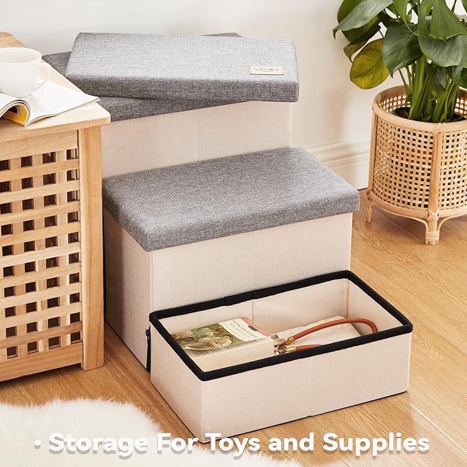 Love's cabin Dog Stairs for Small Medium or Large Dogs with Storage and Condo,Foldable Dog Steps for Bed or Couch,3-Step Gray Folding Cat Dog Ramp with Zip up to 210 lbs,Light Grey