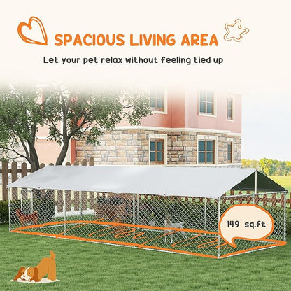 PawHut Large Dog Kennel Outside, Heavy Duty Dog Cage with Waterproof Cover, Outdoor Fence Dog Run with Galvanized Chain Link, Secure Lock, 19.7' x 7.5' x 4.9'