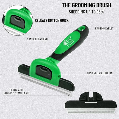 Complete Professional Pet Grooming Kit with Pet Hair Removal Tool Brush Gloves, Self Cleaning Slicker Brush, and Pro Grooming Dog Brush Deshedder Comb to Reduce Shedding (Green)