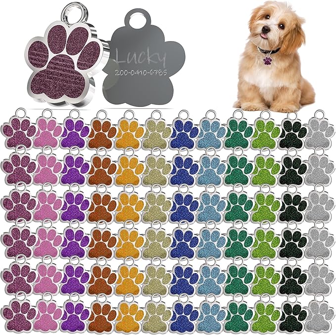 72 Pcs Dog Tags Personalized for Pets Glitter Paw Print Stainless Steel Dog Tag Cute Dog Name Tag Bulk Dog Tags Cat Tags for Wholesale ï¼12 Colorsï¼