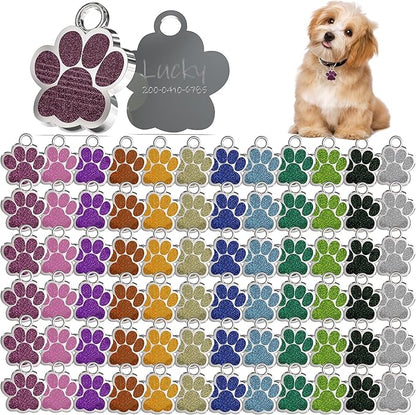 72 Pcs Dog Tags Personalized for Pets Glitter Paw Print Stainless Steel Dog Tag Cute Dog Name Tag Bulk Dog Tags Cat Tags for Wholesale ï¼12 Colorsï¼