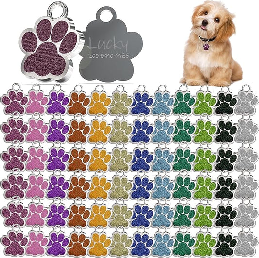 72 Pcs Dog Tags Personalized for Pets Glitter Paw Print Stainless Steel Dog Tag Cute Dog Name Tag Bulk Dog Tags Cat Tags for Wholesale ï¼12 Colorsï¼
