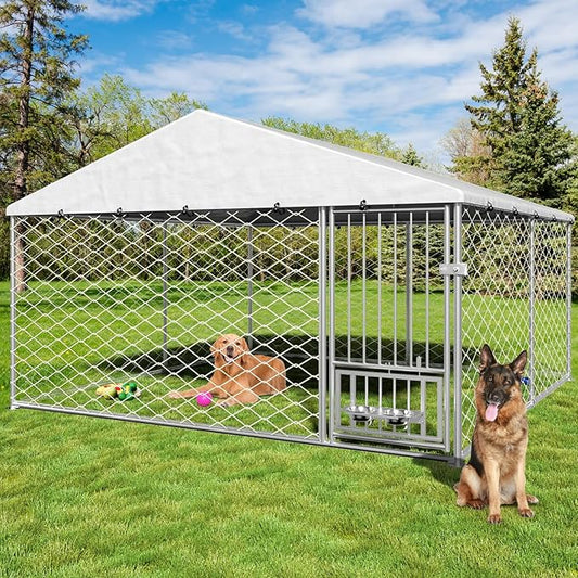 10x10 ft Dog Kennel Outdoor - Outside Dog Kennel with Roof, Heavy Duty Large Outdoor Dog Kennel, Covered Dog Outdoor Kennel with Rotating Feeder Bowls