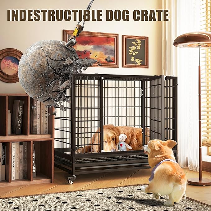 38" Heavy Duty Dog Crate,Robust Stable Dog Kennel,Suitable for High Anxiety Escape Proof Dog Crate,Two-Door Design Small Dog Crate with Locking Wheels,for Small Dog,Black.