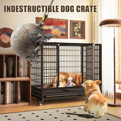 38" Heavy Duty Dog Crate,Robust Stable Dog Kennel,Suitable for High Anxiety Escape Proof Dog Crate,Two-Door Design Small Dog Crate with Locking Wheels,for Small Dog,Black.