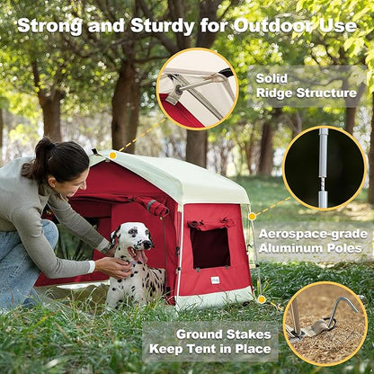 Dog Tent Cotton Fabric, Aluminum Poles and Camping Mat, Outdoor Weatherproof, Dog House Outdoor, Breathable with 2 Side Windows, Portable and Collapsible (Red, Large)