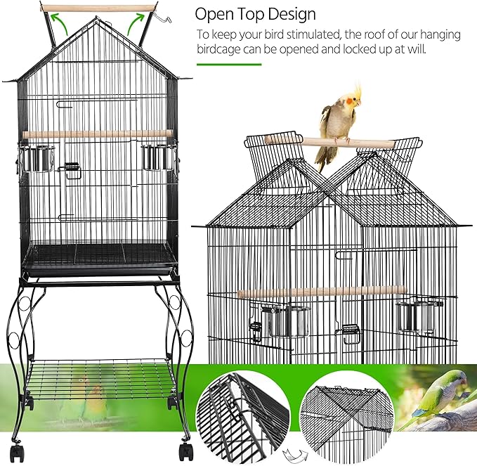 Yaheetech 57-Inch Rolling Open Top Roof Bird Cage for Mid-Sized Parrots Cockatiels Caique Quaker Monk Indian Ring Neck Green Cheek Conure Middle Bird Cage with Detachable Stand