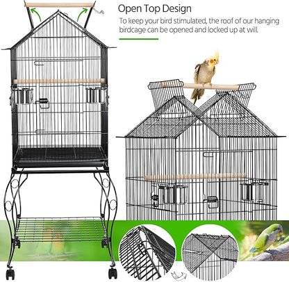 Yaheetech 57-Inch Rolling Open Top Roof Bird Cage for Mid-Sized Parrots Cockatiels Caique Quaker Monk Indian Ring Neck Green Cheek Conure Middle Bird Cage with Detachable Stand