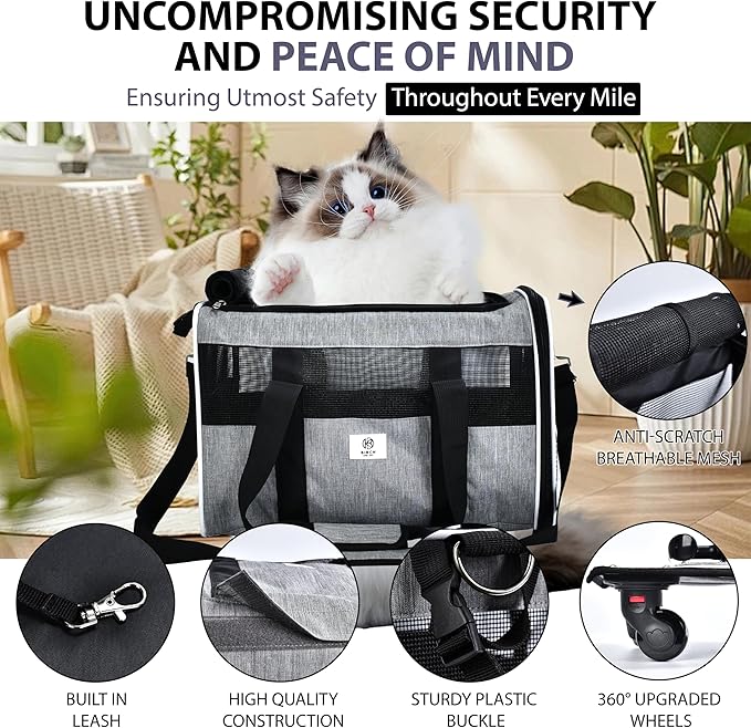Pet Carrier with Wheels by Birch & Key – Grey Color - Airline Approved Rolling Pet Carrier – Soft Dog & Cat Travel Carrier - Small Dog Carrier – Removable Wheels - 17.5” x 12” x 12”