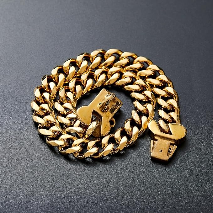 15mm Wide Strong Stainless Steel Bone Style Buckle Gold Dog Chain Collar,18K Gold Plated Cuban Link Chain Big Dog Necklace Collar for Large Dogs - 24''