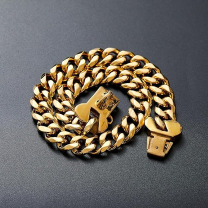 15mm Wide Strong Stainless Steel Bone Style Buckle Gold Dog Chain Collar,18K Gold Plated Cuban Link Chain Dog Necklace Collar for Small Medium Dogs - 14''
