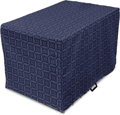 Ambesonne Abstract Geometry Dog Crate Cover, Style Motifs in Squares Rhythmic Arrangement, Easy to Use Pet Kennel Cover for Small Dogs Puppies Kittens, 18 Inch, Blue White