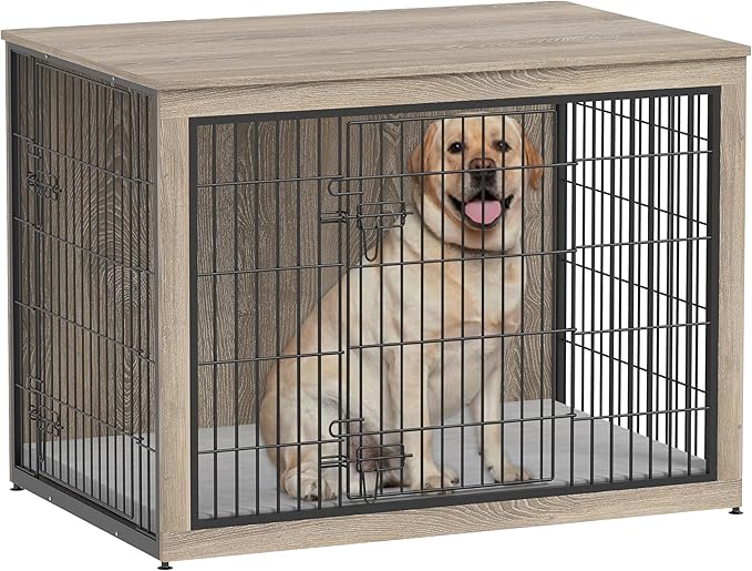 Piskyet Dog Crate Furniture with Cushion,Heavy-Duty Reinforced Metal Mesh,44" Wooden Dog Crate End Table with Double Doors,Indoor Dog Kennel,Dog Cage Side Table for Large Breed,Grey
