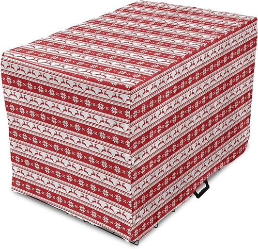 Ambesonne Christmas Dog Crate Cover, Xmas Winter Themed Deers Snowflakes in Nordic Pattern Borders and Lines Art, Easy to Use Pet Kennel Cover for Cats & Medium Dogs, 30 Inch, Ruby White