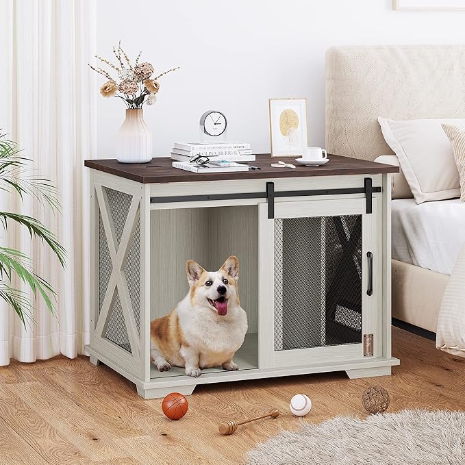 GAOMON 37'' Sliding Barn Door Dog Crate Furniture with Flip Top and Movable Divider, Wooden Dog Crate Table, Dog Kennel Side End Table, White