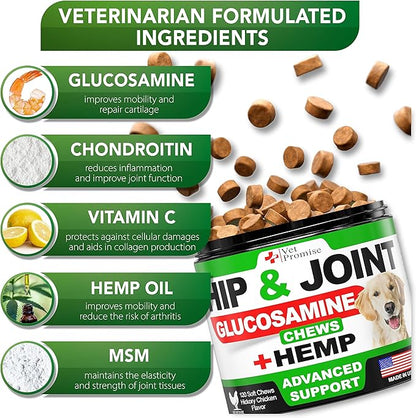 Vet Promise Hemp Hip and Joint Support Supplement for Dogs - Glucosamine for Dogs - Hemp Oil, MSM, Chondroitin - Support for Joint Pain Relief and Health - 120 Soft Chews - Made in USA