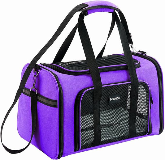 Soundy Large Cat Carrier Dog Carrier Pet Carrier Under 25 Lbs, Large Cats Small to Medium Dogs Portable Soft Sided Folding Travel Pet Carrier, Cat Carrier for 2 Cats Car Travel Carrier(Large, Purple)