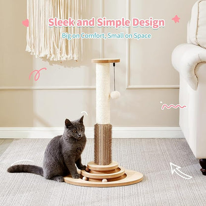 Made4Pets Cat Scratching Post, 23" Tall Sisal Cat Scratcher Post with Self Groomer, 4-in-1 Interactive Trackball Toys with Hair Brush, Vertical Cat Climbing Tree with Dangling Plush Balls