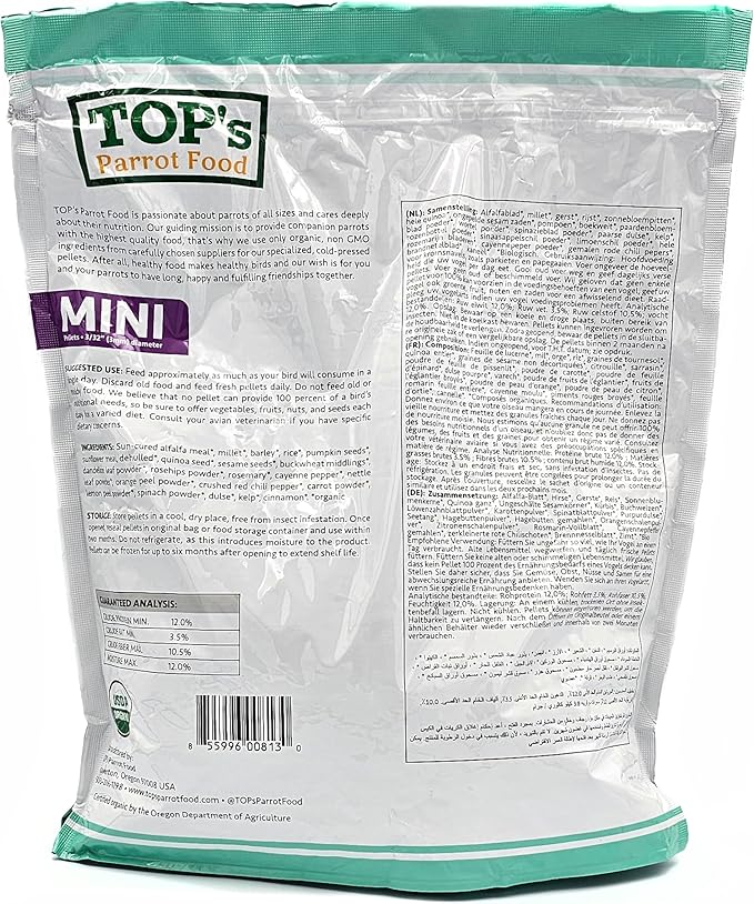 TOP's Parrot Food Mini Pellets Bird Food for Budgies, Cockatiels, Parrotlets, Lovebirds, Parakeets - Non-GMO, Peanut Soy & Corn Free, USDA Organic Certified - 4LBS