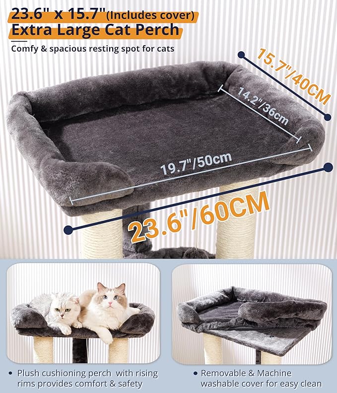 Happi N Pets 28" Cat Tree Tower for Indoor Cats, Tall Cat Scratching Post with Large Bed for Maine Coon Big Cats, Sisal Cat Scratcher with Soft Perch & Hammock, Stable Cat Stand, Removable Cover-Gray