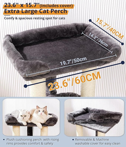 Happi N Pets 28" Cat Tree Tower for Indoor Cats, Tall Cat Scratching Post with Large Bed for Maine Coon Big Cats, Sisal Cat Scratcher with Soft Perch & Hammock, Stable Cat Stand, Removable Cover-Gray