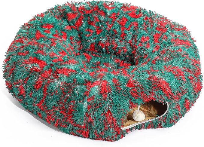 LUCKITTY Christmas Warm Fluffy Plush Cat Dog Tunnel Bed with Washable Cushion- Big Tube Playground Toys 3 FT Diameter Collapsible, for Indoor Cat Kitty Kitten Puppy Rabbit Ferret, Green-Red