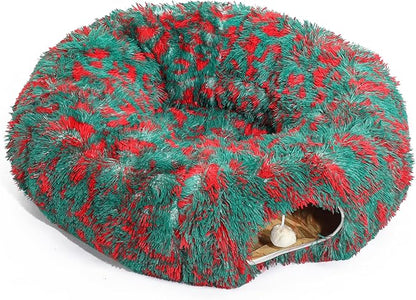LUCKITTY Christmas Warm Fluffy Plush Cat Dog Tunnel Bed with Washable Cushion- Big Tube Playground Toys 3 FT Diameter Collapsible, for Indoor Cat Kitty Kitten Puppy Rabbit Ferret, Green-Red