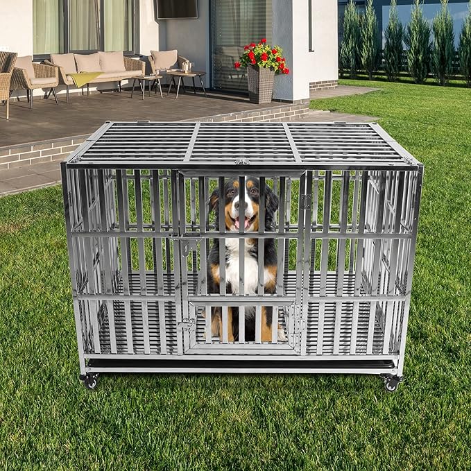 47" Dog Crate Stainless Steel Stackable Heavy Duty Pet Kennel Foldable Indestructible Dog Cage XL Playpen with Lockable Rolling Wheels, Double Door and Removable Tray for Large Dogs