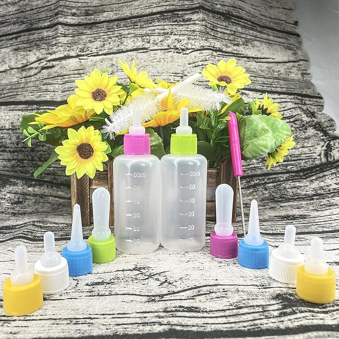 2 Sets of 5-Color Plastic and Silicone Feeding pet Supplies Set, Squeeze Liquid Bottles, Replaceable teats mini for Newborn Kittens, Puppies, Rabbits, Replacement Small Animals cat Bottle Tools