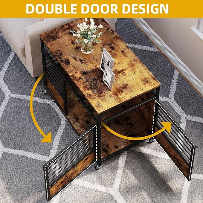 DWVO Dog Crate Furniture, 39 Inch Dog Kennel Indoor Furniture End Table for Dogs, Modern Decorative Wooden Cage with Wheels, Chew-Resistant, Rustic Brown