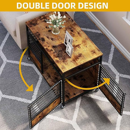 DWVO Dog Crate Furniture, 39 Inch Dog Kennel Indoor Furniture End Table for Dogs, Modern Decorative Wooden Cage with Wheels, Chew-Resistant, Rustic Brown