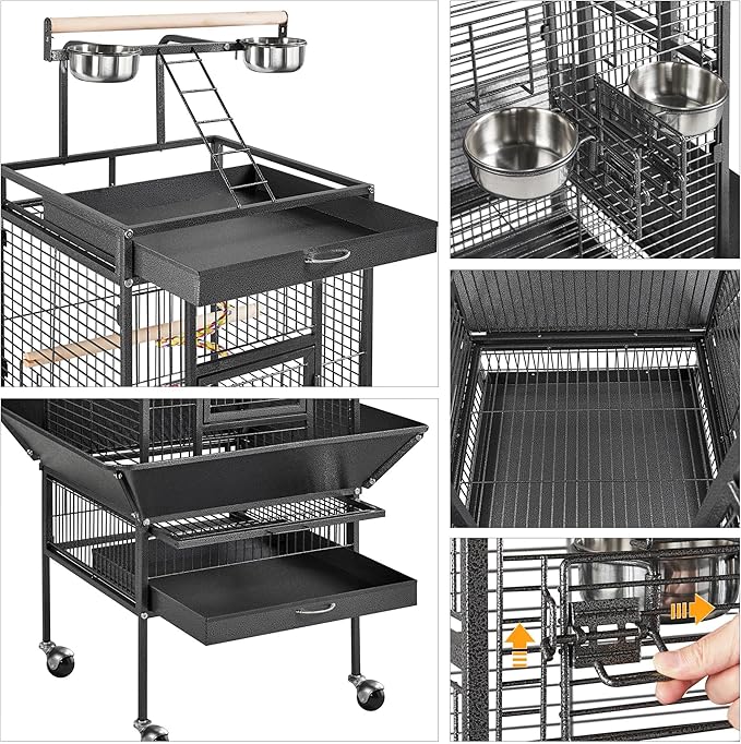Yaheetech 61-inch Playtop Wrought Iron Large Parrot Bird Cages with Rolling Stand for Cockatiels Amazon Parrot Quaker Conure Parakeet Lovebird Finch Canary Small Medium Parrot Cage Birdcage, Black