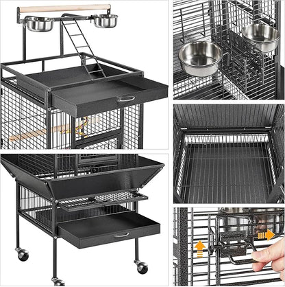Yaheetech 61-inch Playtop Wrought Iron Large Parrot Bird Cages with Rolling Stand for Cockatiels Amazon Parrot Quaker Conure Parakeet Lovebird Finch Canary Small Medium Parrot Cage Birdcage, Black