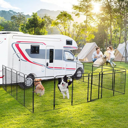 Dog Play Pen Indoors - 8 Panels 24" Playpens Indoor Safety Design Without Stakes, Threshold Free Door Ease to Access, Portable Fence Ground Anchors for Outdoor, Yard and RV Camping