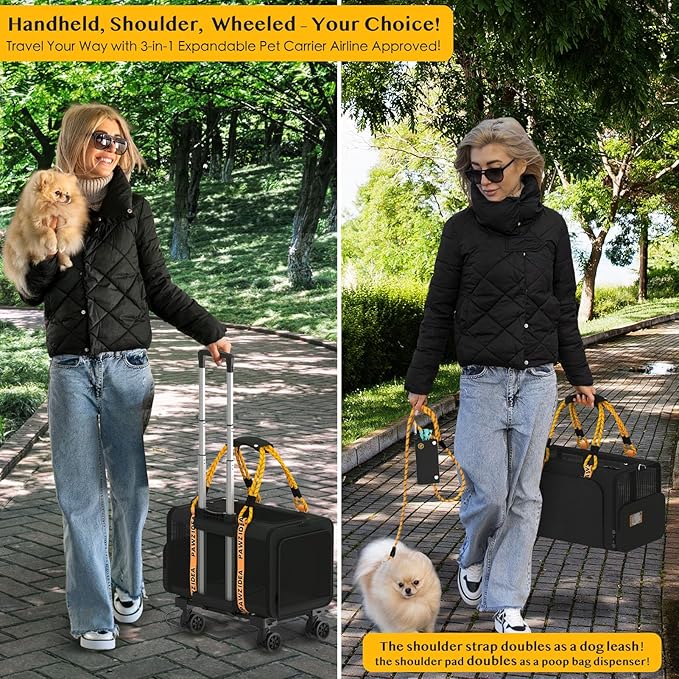 PAWZIDEA Cat Carrier with Wheels 18X11X11 TSA Airline Approved Cat Carrier for 2 Cats Under Seat Rolling Cat Carrier Travel Bag with Telescopic Handle, Shoulder Strap as Dog Leash, Black