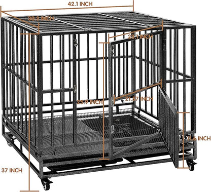 Heavy Duty Extra Large Dog Crate with Wheels - Indestructible 42/46 Inch Chew-Proof, Escape-Proof Kennel for High-Anxiety and Extra Large Dogs