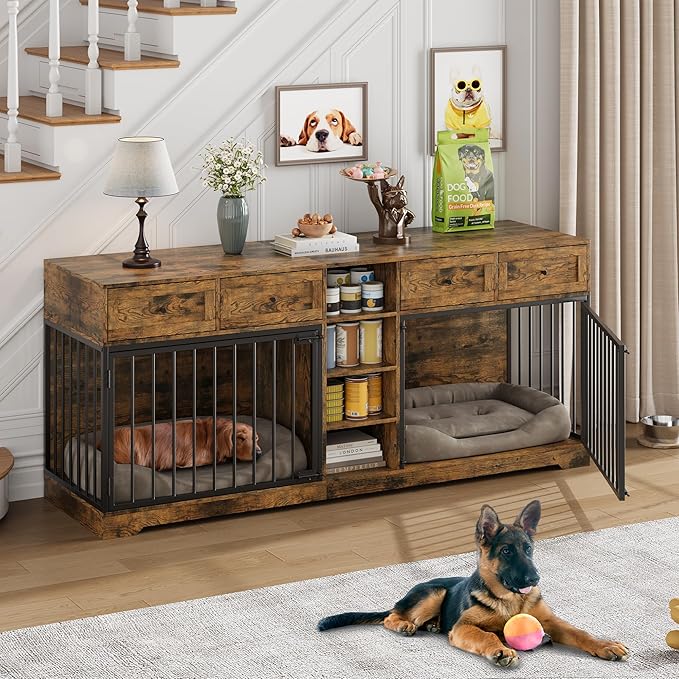 82 Double Dog Crate Furniture, Large Dog Kennel Indoor for 2 Dogs, Heavy Duty Wooden Dog Crate TV Stand with 4 Drawers and Shelves, Brown