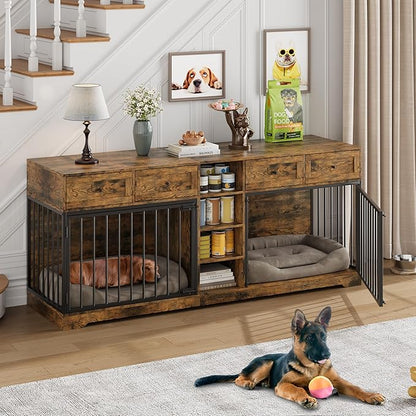 82 Double Dog Crate Furniture, Large Dog Kennel Indoor for 2 Dogs, Heavy Duty Wooden Dog Crate TV Stand with 4 Drawers and Shelves, Brown