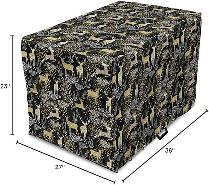 Ambesonne Christmas Dog Crate Cover, Nature Woodland and Deer Silhouettes with Oriental Ornaments Design, Easy to Use Pet Kennel Cover for Medium Large Dogs, 36 Inch, Yellow White Black