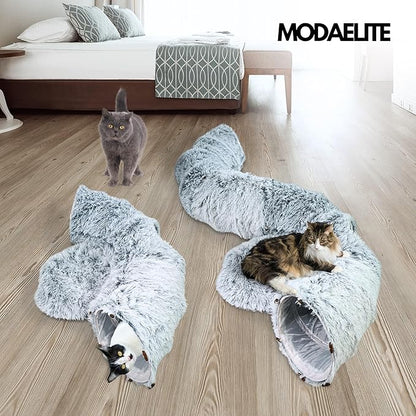 Cat Donut Bed with Washable Cushion – Cat Caves for Indoor Cats – Collapsible Donut Bed with Peekaboo Pet Tunnel Toy – Cozy Hideout for Kittens, Ferrets, Rabbits & Dogs - Grey