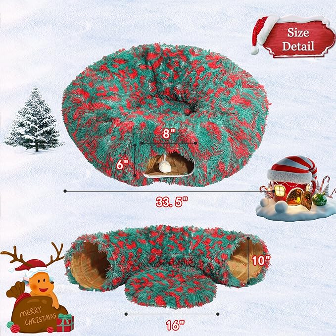 LUCKITTY Christmas Warm Fluffy Plush Cat Dog Tunnel Bed with Washable Cushion- Big Tube Playground Toys 3 FT Diameter Collapsible, for Indoor Cat Kitty Kitten Puppy Rabbit Ferret, Green-Red